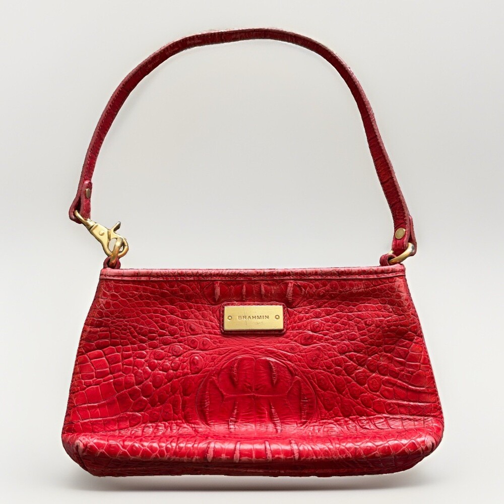 BRAHMIN Small Red Leather Handbag Crocodile Embossed 10.5” x 6” Fits Phone Fair